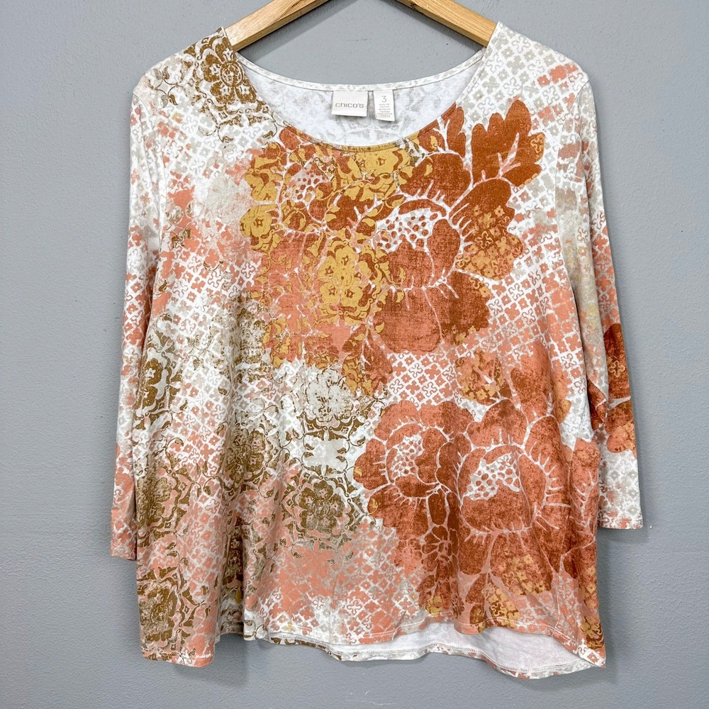Chico's Floral Top Women Size XL Rust Orange 3/4 Sleeve Medallion Floral Knit